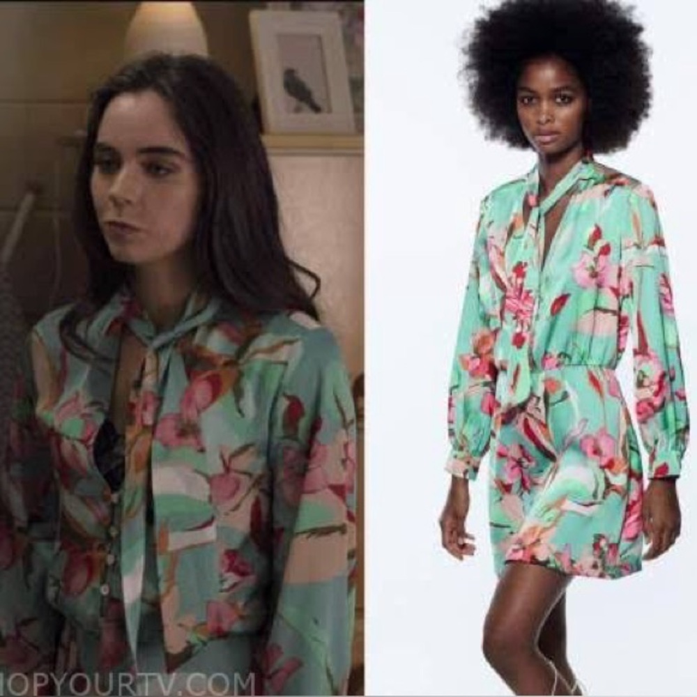 Zara Green‎ Floral Satin Long Sleeves Lightweight Mini Dress Medium Night Agent